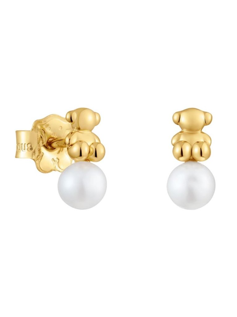 Tous S925 Sterling Silver Overly Cute Pearl Bear Mini Hoops Hinges Earrings